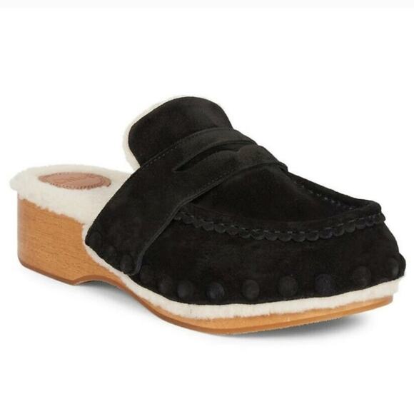 NWT$850 CHLOE Joy Black Suede Shearling Fur Slip-on Clogs Slides Shoes Sz 35 (5) - Picture 4 of 16
